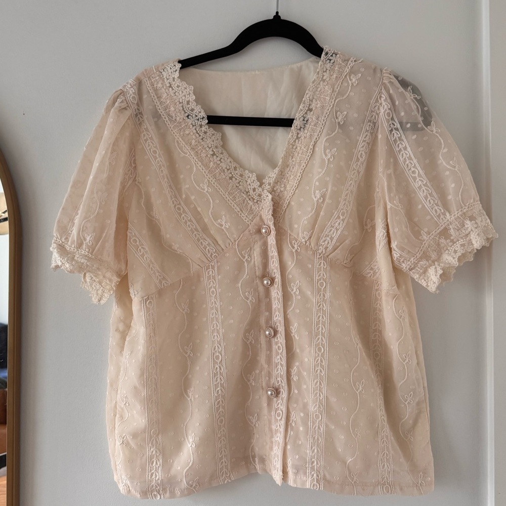 Elegant Lace Trim Cream Blouse